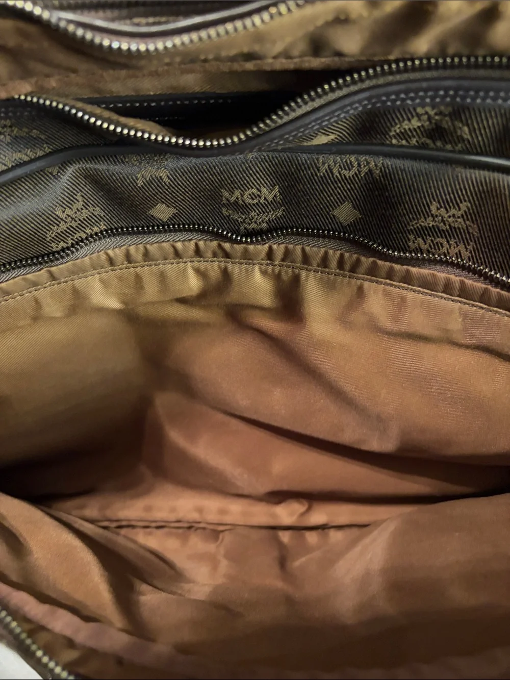MCM Brown Leather Messenger Bag with Monogram Front Pockets